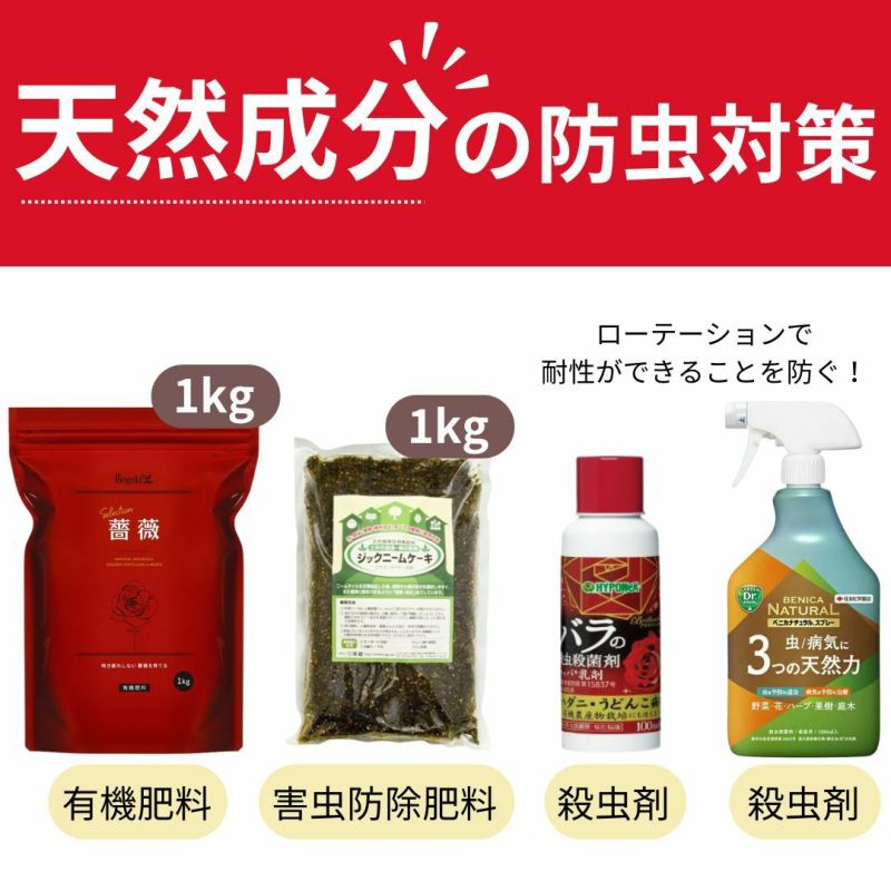 天然成分の防虫対策セット 4点セット バイオゴールド セレクション薔薇1kg ジックニームケーキ1kg ハッパ乳剤 ナチュラルスプレー バラ栽培 ガーデニング