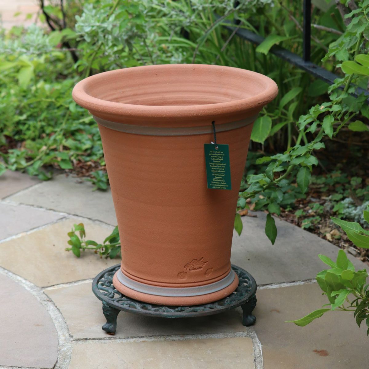 アイリスがあしらわれたウィッチフォードの植木鉢の写真