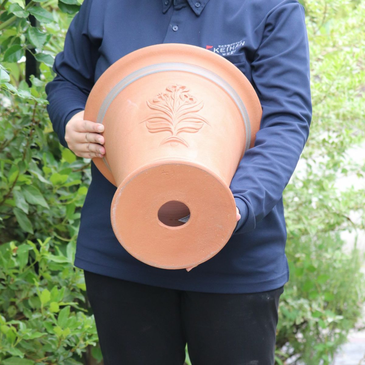 アイリスがあしらわれたウィッチフォードの植木鉢の写真