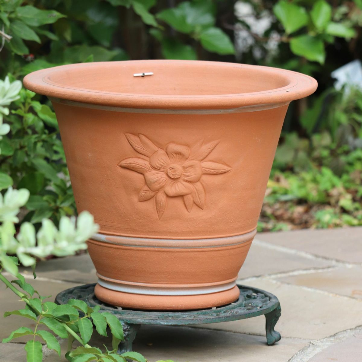 クレマチスのモチーフがあしらわれた植木鉢の写真